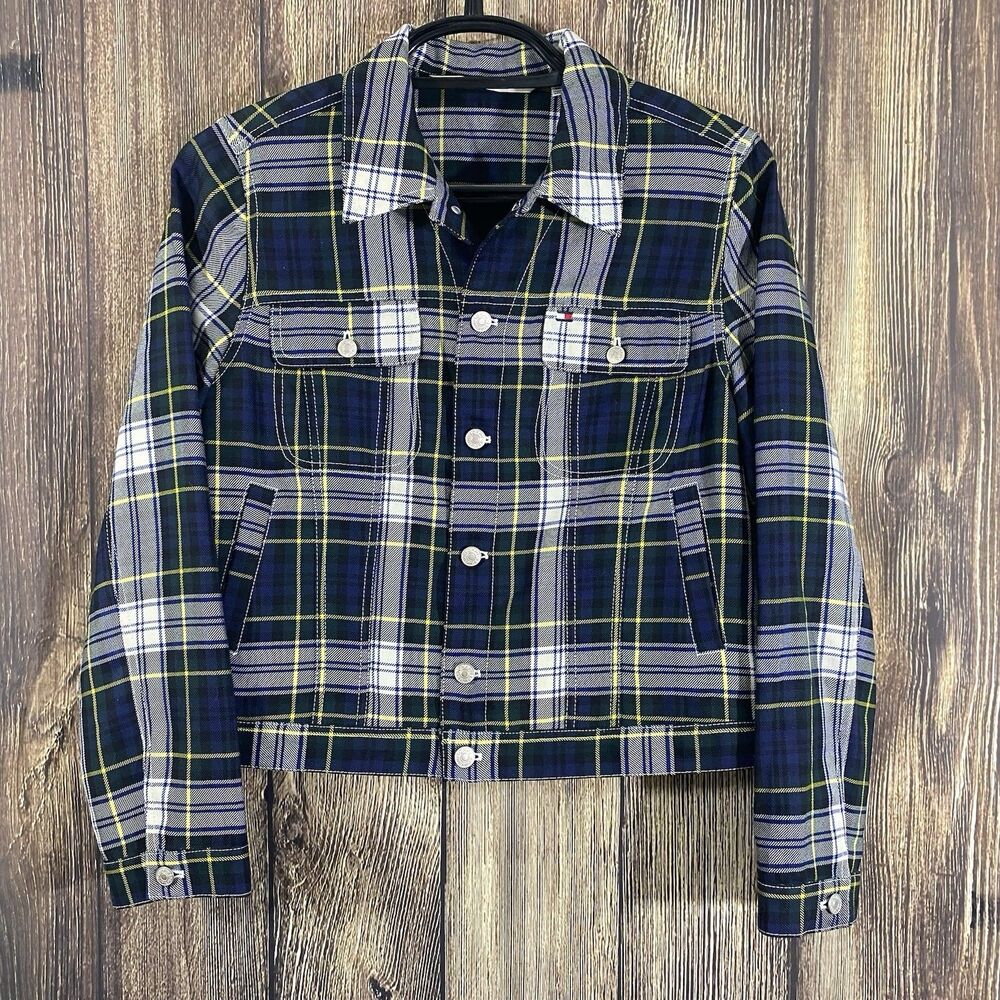 Tommy Hilfiger Womens 100% Wool Plaid Trucker Jacket Sz Large Blue/Green